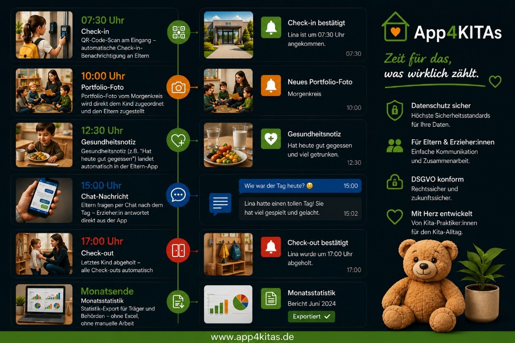 Infografik: Ein Tag in der Kita mit der App4KITAs Kita-App – Check-in, Portfolio, Gesundheitsnotiz, Chat, Check-out und Monatsstatistik